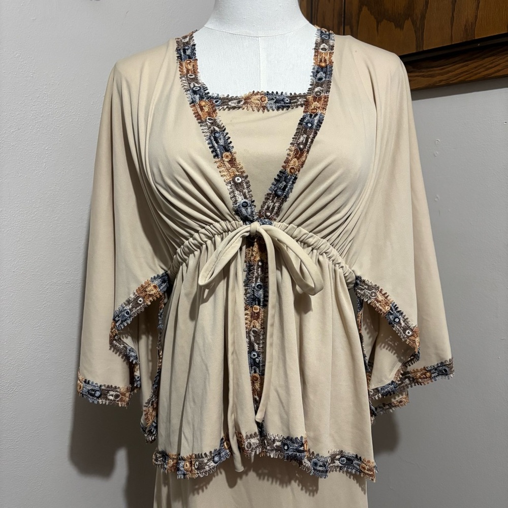 70s Union Made Beige Maxi Slip Dress Lace Detail Kaftan Style Cardigan Wrap Vtg - Picture 5 of 16